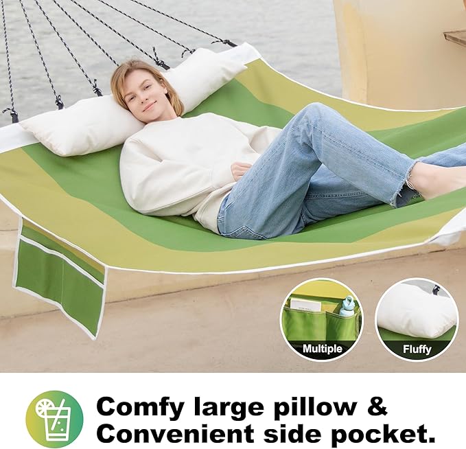 14ft Two Person Outdoor Hammock, Portable Camping with Folding Steel Spreader Bar, Carrying Bag, Carabiners, Tree Straps, Pillows, Quick Dry Textilene Fabric, 550 lbs Capacity (Jungle Green)