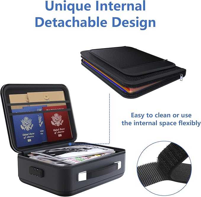 TIGERKING Fire Proof Document Safe Box with Lock and Handle – Fireproof Document Box Organizer with Hard Shell, Portable Fireproof Safe for Home Documents, Certificates, Laptop, and File Storage-Black