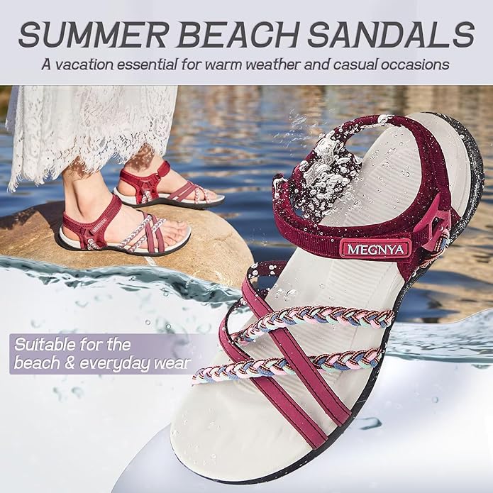 MEGNYA Hiking Sandals for Women, Arch Support Comfortable Walking Sandals Hook Loop Strap, Sports Lightweight Slides