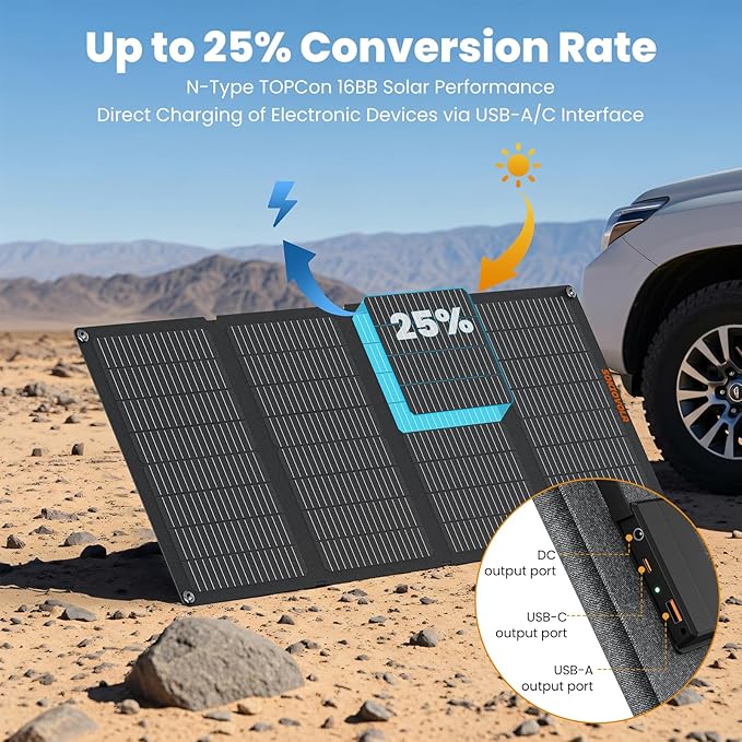 N-Type 16BB 50W Portable Solar Panels,Foldable Solar Panel Charger IP68 Waterproof with USB-A and USB-C Ports DC 18V Output for Small Power Station Outdoor Camping RV Trip