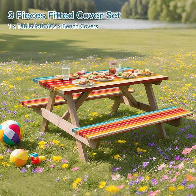 Orange Picnic Table Cover with Bench Covers, 3 Pcs Waterproof Elastic Picnic Table Cover Outdoor Camping Essentials, Windproof Fitted Tablecloth for Camping, Indoor, Outdoor (Striped, 60X30 Inch)