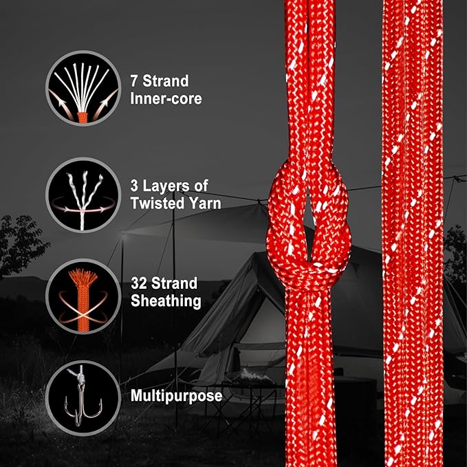 WEREWOLVES Reflective Paracord Rope 7 Strand Type III Parachute Cord 4mm 100ft / 200ft for Tent Camping Hiking Fishing Survival Tactical Clothesline DIY Projects