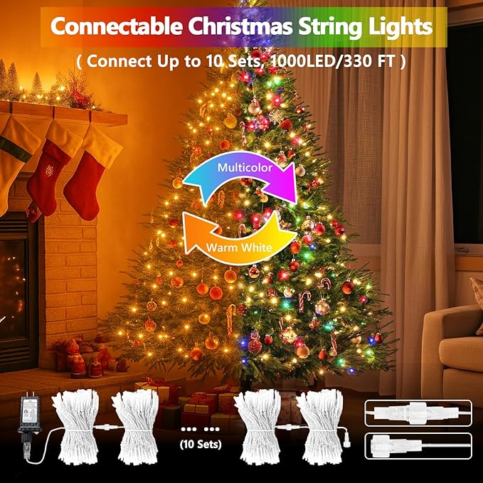 Warm White to Multicolor Color Changing 100 LED 33FT Connectable Christmas String Lights for Outdoor Indoor, 11 Modes Christmas Tree Clear Wire Fairy Waterproof Lights with Memory & Remote & Timer