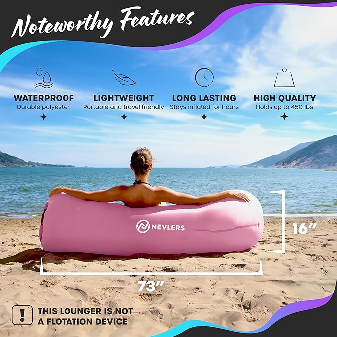 Nevlers Inflatable Lounger | 210T Polyester Inflatable Chair | No-Pump Blow Up Couch | Camping Couch Air Sofa Bed w/ 450 lbs. Cap., Pockets & Matching Bag | Use as Inflatable Couch for Adults & Kids