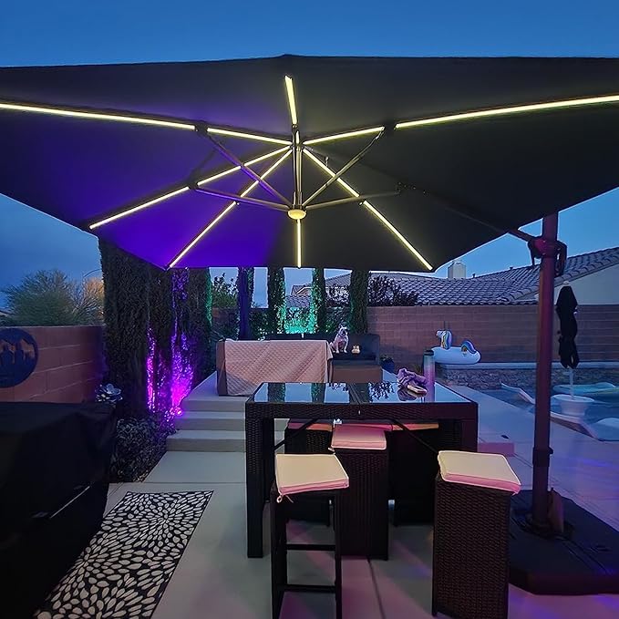 PURPLE LEAF 10 Feet Patio Umbrella with Base Outdoor Cantilever Solar Powered LED Square Umbrella Aluminum Offset Umbrella with 360-degree Rotation for Garden Deck Pool Patio Navy