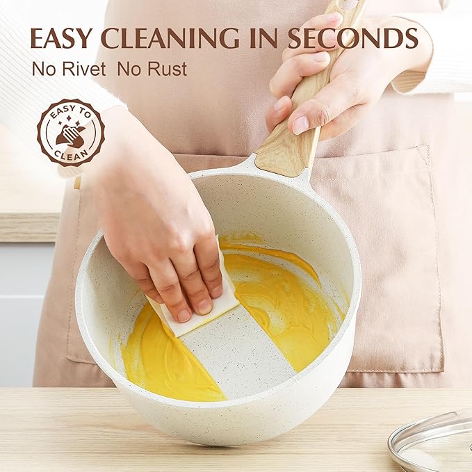 SENSARTE White Ceramic Nonstick Saucepan with Lid Set, Small Cooking Pot with Stay Cool Handle, Induction Compatible Saucepot, White Granite Coating, PFOA/PFAS Free, 1.5 + 2.5QT