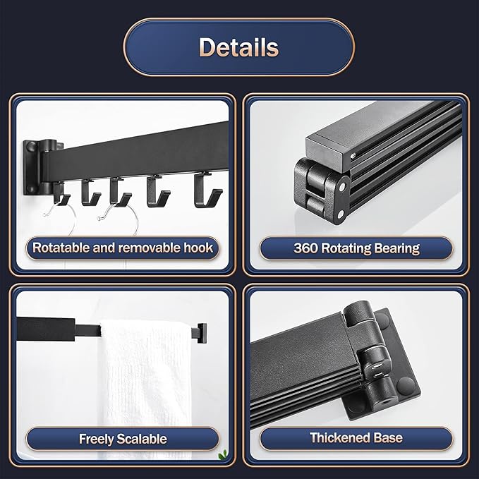 Clothes Drying Rack Wall Mounted,Laundry Rack Wall Wount,Drying Rack Clothing for Laundry,Retractable Dryer Racks,Wall Mounted Drying Rack Collapsible, Black, Sandy Coating,3z-b01