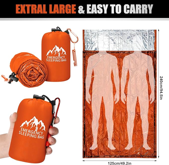 Oudain 6 Pcs XL Emergency Sleeping Bag 94.5" x 49.2" Waterproof Survival Sleeping Bag with Whistle Carabiner Portable Thermal Bivy Sack Emergency Blankets for Camping Hiking Outdoor