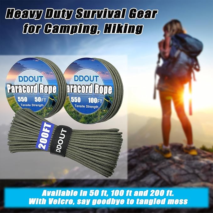 Paracord Nylon Rope Army Green 200ft with 7-Strand Core, 10 Colors and 50/100/200 ft, Type III Parachute Cord 4mm for Camping, Survival, Hiking, DIY, Crafting, Outdoor Utility Rope