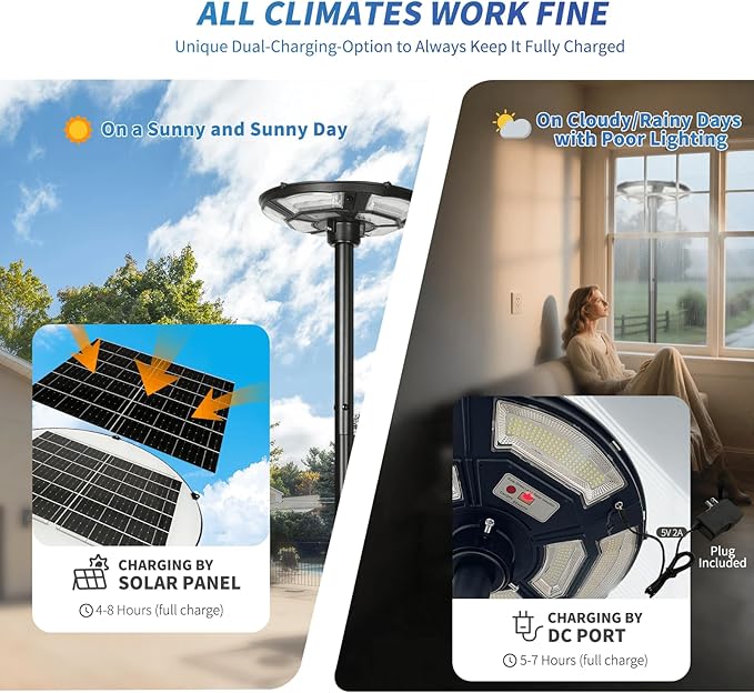 Solar Outdoor Street Light with Pole and Remote, Waterproof Motion Sensor 750-LED Removable Post Light with DC Port for Yard, Patio, Camping, Dusk to Dawn for Outdoor Lighting(Plug Inclues)