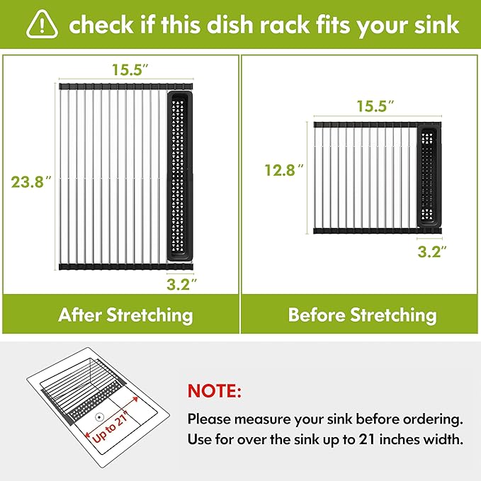Dish Drying Rack, Roll Up Dryer Rack for Inside Sink, Expandable (12.8"-23.8" D x 15.5" W) 304 Stainless Steel Dish Drainers for Kitchen Counter, Over Sink Cover with Utensil Holder