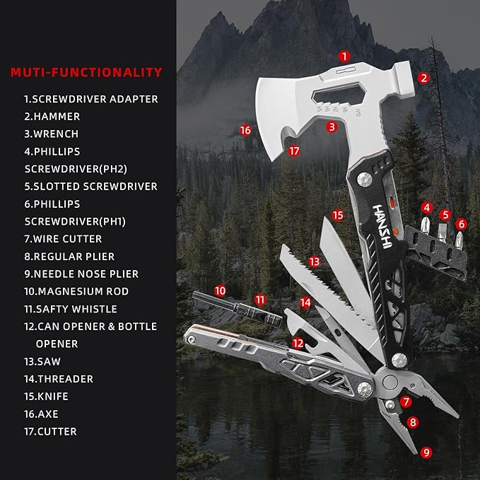 HANSHI Camping Axe Multitool with YG10 Tungsten Steel Replaceable Wire Cutters for Gift,17 in 1 Multi Tool with Spring-Action Pliers,Knife,Screwdriver,Flint Rob,Safty Whistle with Nylon Sheath (Black)