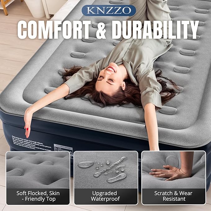 Full Air Mattress with Built-in Pump, 18" Top Inflatable Mattress with Waterproof Flocking Fabric, Three-Minute Quick-Inflatable Bed. Portable Blow Up Mattress for Home, Outdoor and Guests