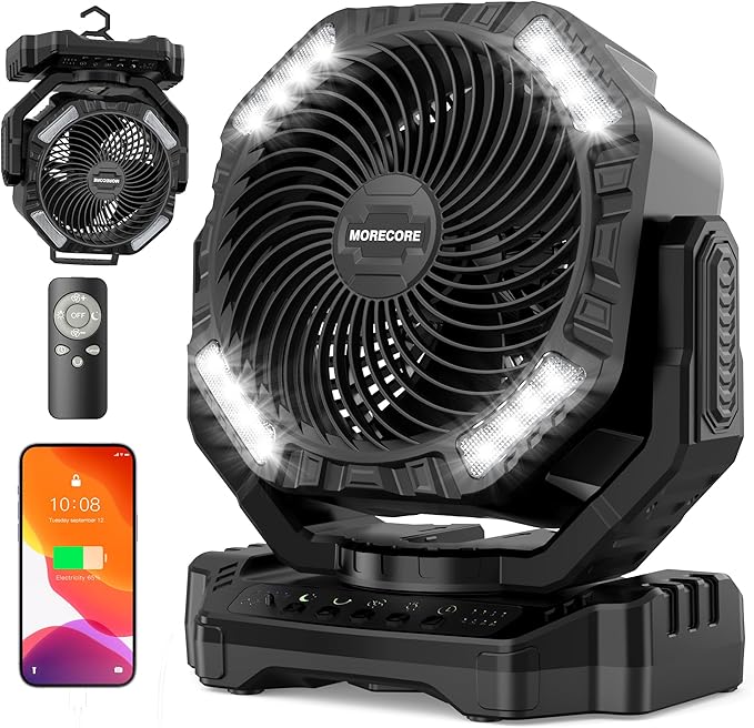 MORECORE 68HRS Running Camping Fan with Light, 20000mAh Battery Rechargeable, Powerful 4 Speeds & Auto Oscillating, with Timer & Hook, for Travel Tent RV Emergency Hurricane Jobsite Garage-Black