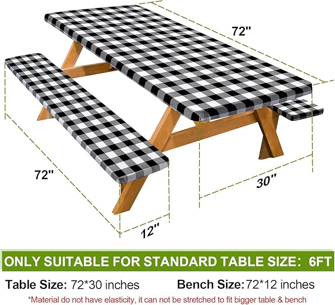 Picnic Table Cover with Bench Covers Camping Essentials Waterproof Windproof Camping Tablecloth with Drawstring Bag, Fitted Rectangle Tables and Seats, 72in, White Black Checkered