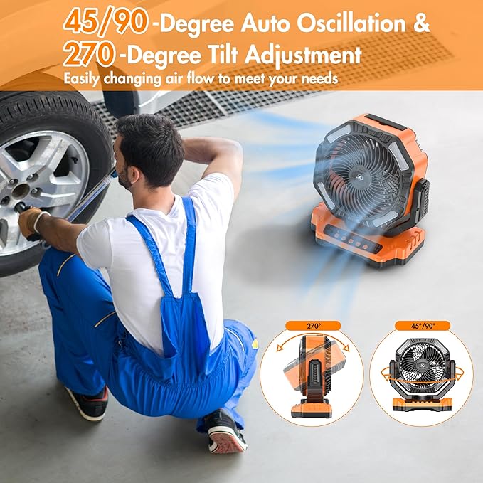 40000mAh Battery Powered Camping Fan - 136H Max Cooling, Rechargeable Battery Operated Oscillating Floor Fan with Charger, Remote & Hook, Portable for Tent Outdoor Patio Garage Hurricane Power Outage