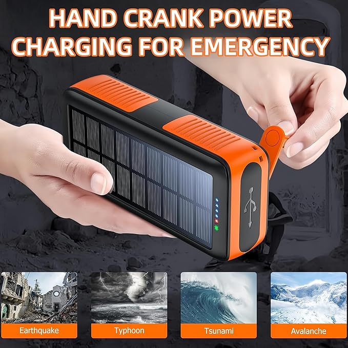 Solar Power Bank Portable Charger 63200mAh Battery Pack, Hand Crank Charger Dual Outputs Inputs 4 LED Flashlight, Fast Charging with Built in Cables Power for Phone Camping Emergency Travel (Orange)