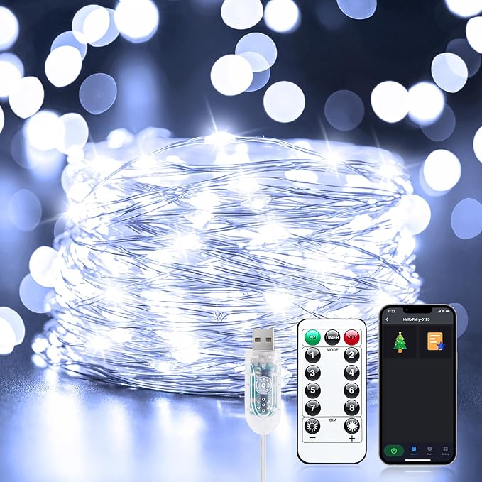 Smart USB Fairy Lights Plug in, 33Feet 100LEDs Bluetooth Twinkle Lights with Timer and Remote, App Control Starry String Lights for Wreath Wedding Party Indoor Christmas Decoration, Pure White