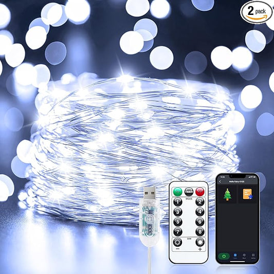 USB Fairy Lights Plug-in, 2 Pack Smart 33FT 100LEDs Bluetooth Twinkle Lights with Timer and Remote, App Control Starry String Lights 8 Modes for Wedding Party Indoor Christmas Decoration, Pure White