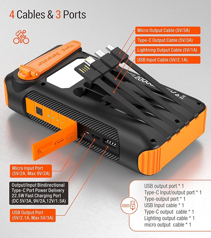 Solar Power Bank 20000mAh Built in Hand Crank and 4 Cables 22.5W Fast Charge Power Bank 5 Outputs & 5 Inputs Solar Portable Charger, SOS/Strobe/Strong Flashlights, Carabiner (Orange)