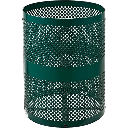 Global Industrial 32 Gallon Outdoor Perforated Steel Round Trash Can with Rain Bonnet Lid, Plastic Liner and Anchor Kit Included, 23-1/2" Diameter x 40-1/2"H, Green
