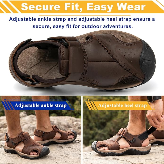 Men's Sport Sandals Closed Toe Leather Hiking Athletic Walking Outdoor Beach Trail River Fishing Water Shoes Lightweight Comfortable Waterproof