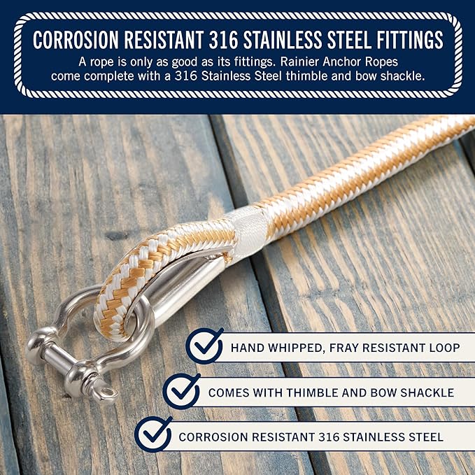 RainierSupplyCo Boat Anchor Rope - Double Braided Marine Rope Anchor Line - 50 ft x 1/4 Inch Nylon Boating Line with 316 Stainless Steel and Heavy Duty Marine Grade Bow Shackle - White/Gold