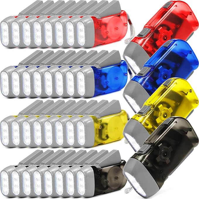 Treela 36 Pcs Hand Crank Flashlights Operation Christmas Items Bulk Squeeze Flashlight No Battery Required Torchlight 3 Powered Charging for Emergency(Yellow, Gray, Blue, Red)