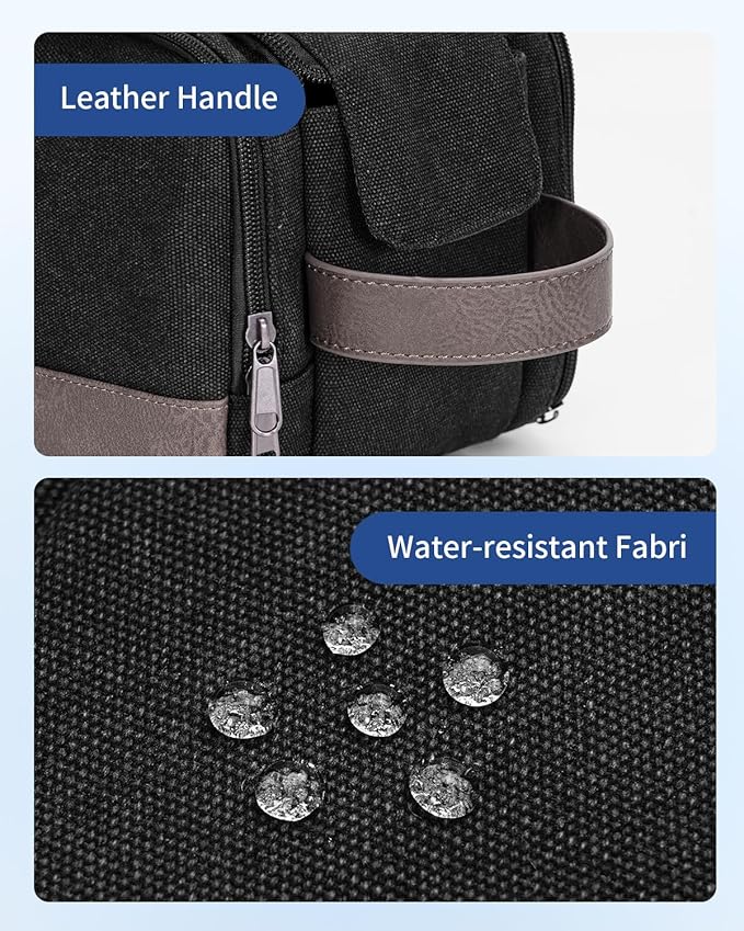 WANDF Toiletry Bag for Men Travel Toiletry Organizer Canvas and Leather Dopp Kit Water-Resistant Shaving Bag for Travel Accessories (Black, Large)