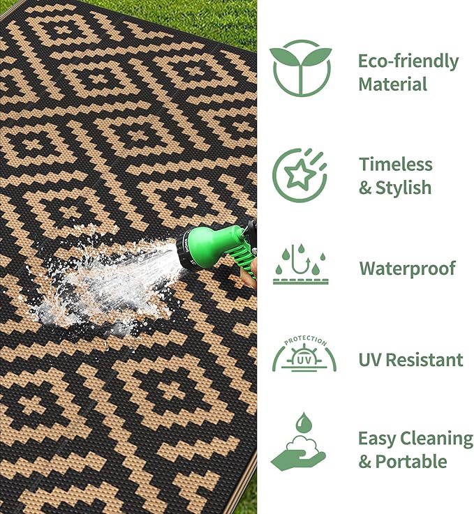 GENIMO Outdoor Rug 4x6 Waterproof, Reversible Mats, Outdoor Area Rug, Plastic Outside Carpet, Eeometric Rv Mat for Patio Camping Rv Picnic Backyard Deck Balcony Porch Beach Trailer (Black & Brown)