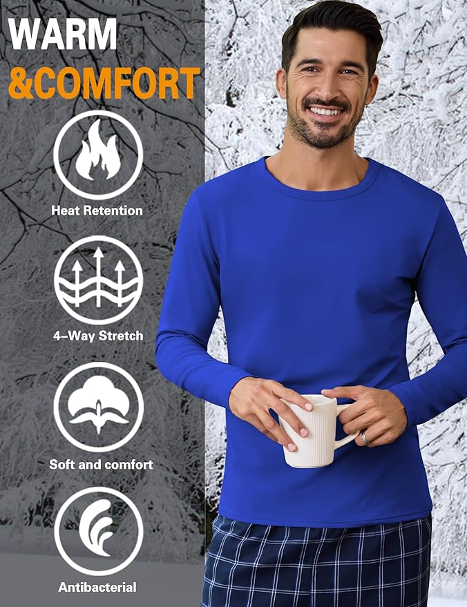 URRU Thermal Underwear for Men High Stretch Fleece Lined Long Sleeve Crewneck Thermal Shirts Base Layer Top Men Cold Weather