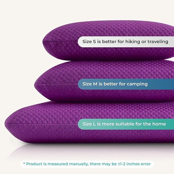 Travel Pillow Memory Foam Pillows, Camping Pillow-Compressible Medium Firm, Breathable Cover, Ideal Backpacking Hiking, Bed Pillows, Airplane and Car (Purple, S)