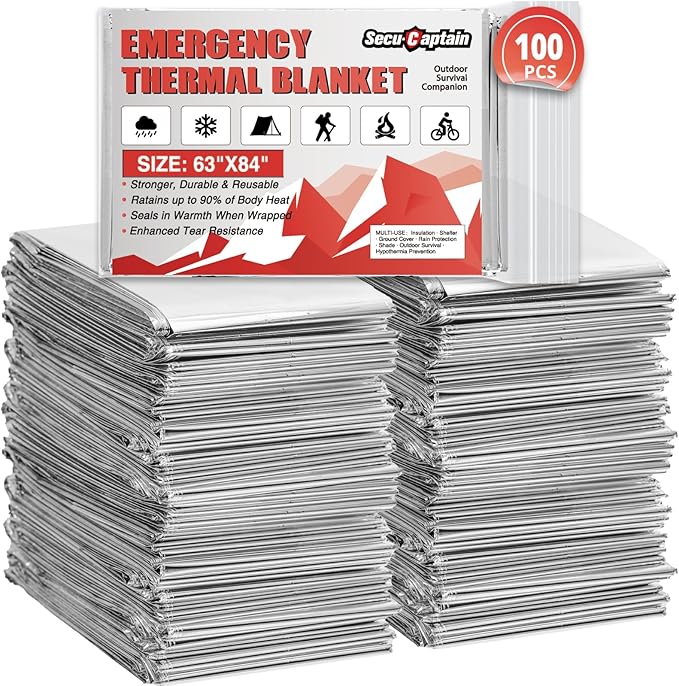 SecuCaptain Survival Emergency Thermal Blankets: 100 Pack Extra Large 84” x63” Space Mylar Blanket Kit for Outdoor Cold Winter Camping Hiking Car Bug Out Bag or First Aid
