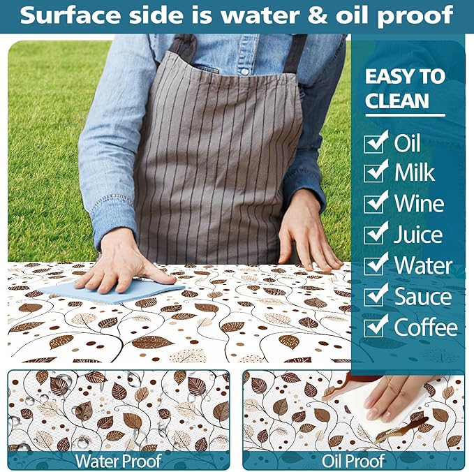 Picnic Table Cover with Bench Covers, Brown Leaf Plaid Leaf Elastic Edges Waterproof Windproof Camping Essentials, Camping Fitted Tablecloth with Drawstring Bag, 60in, Brown