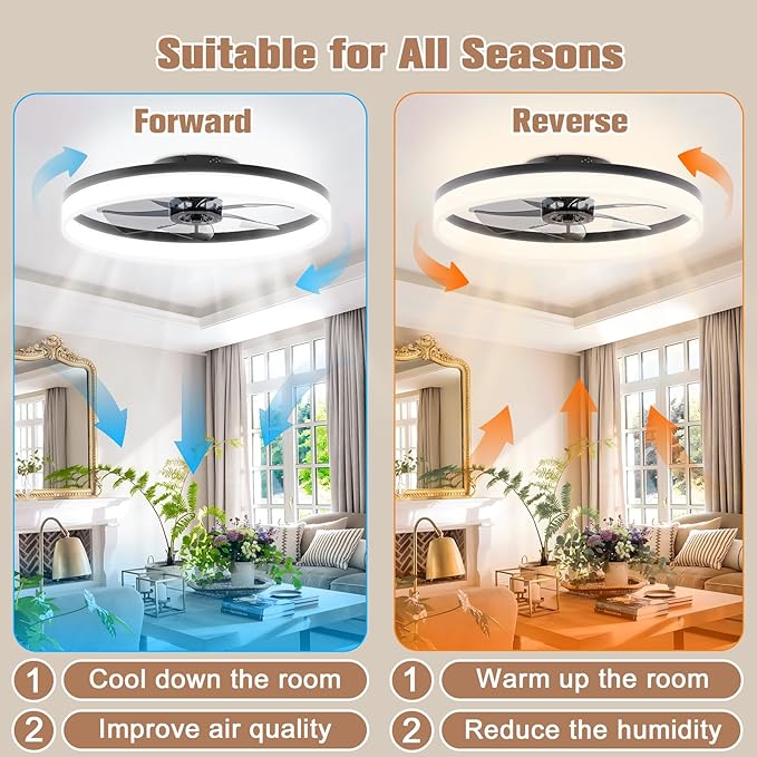 VOLISUN Low Profile Ceiling Fans with Lights and Remote, 23.6in Flush Mount Ceiling Fans with Light, 3000K-6500K Dimmable Fandelier LED Fan Light, Bladeless Ceiling Fan with Lights for Bedroom(Black)