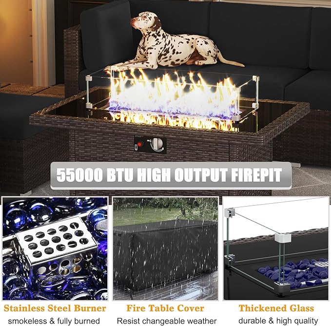 LayinSun 13 Pieces Outdoor Patio Furniture Set with 44" Fire Pit Table Brown Rattan Sectional Sofa Conversation Sets