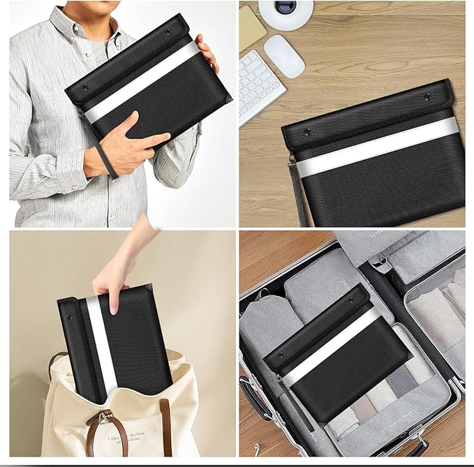 Fire Proof Bag for Documents 5200°F Heat Insulated,13.9” X 10.6”Fireproof Money Bag with Zipper,8 Layers of Protective Materials Waterproof Document Pouch for Cash,Valuables,Documents(Black)