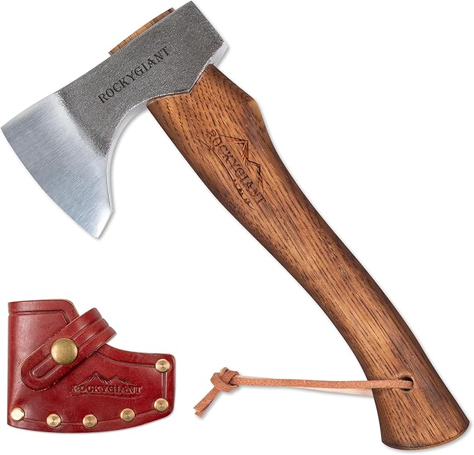ROCKYGIANT 11'' Small Axe Hatchet, Camping Axe for Limbing or Splitting Kindling and Firewood, Hand Forged, with Leather Sheath and Hickory Wood Handle, for Outdoor Garden Forest