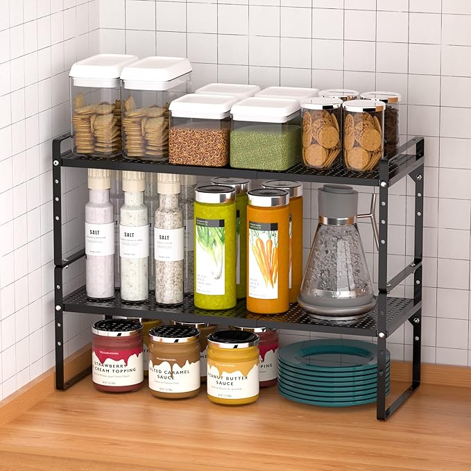Redrubbit Expandable Cabinet Storage Shelf, Adjustable Height Steel Metal Kitchen Counter Organizers Shelves Spice Rack for Kitchen Pantry Bathroom Cupboard Desk Home Office, Black-1 Pack