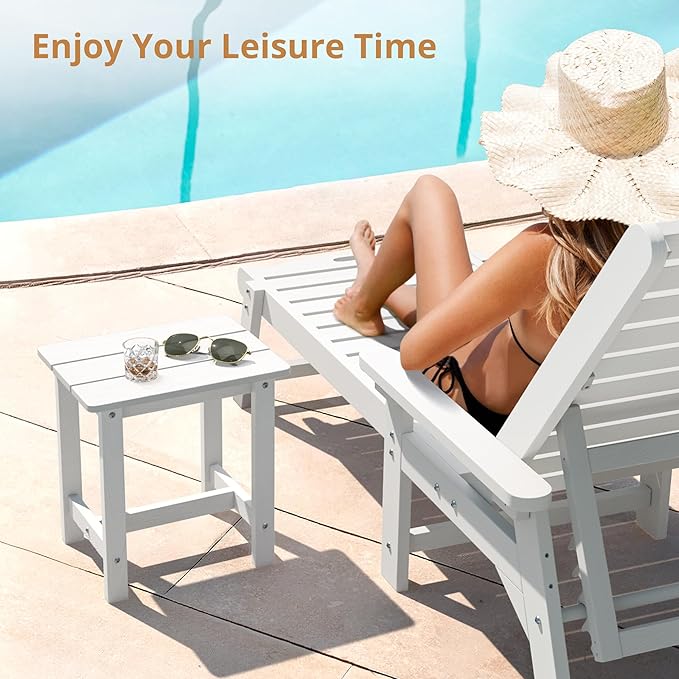 LUE BONA Outdoor Side Table, HDPS Small Outdoor Adirondack Side Tables, Outside End Table for Patio, Porch, Deck, Weather Resistant/Easy Maintenance, White