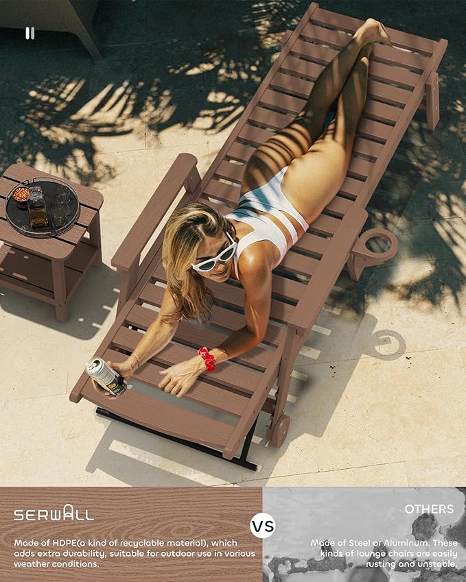 SERWALL Patio Chaise Lounge Chair Set of 2 with 9FT Patio Umbrella, 78'' HDPE Outdoor Lounger 5 Positions Adjustable, Poly Lounge Chair with Rolling Wheels & Cup Holder for Pool,Wooden Brown