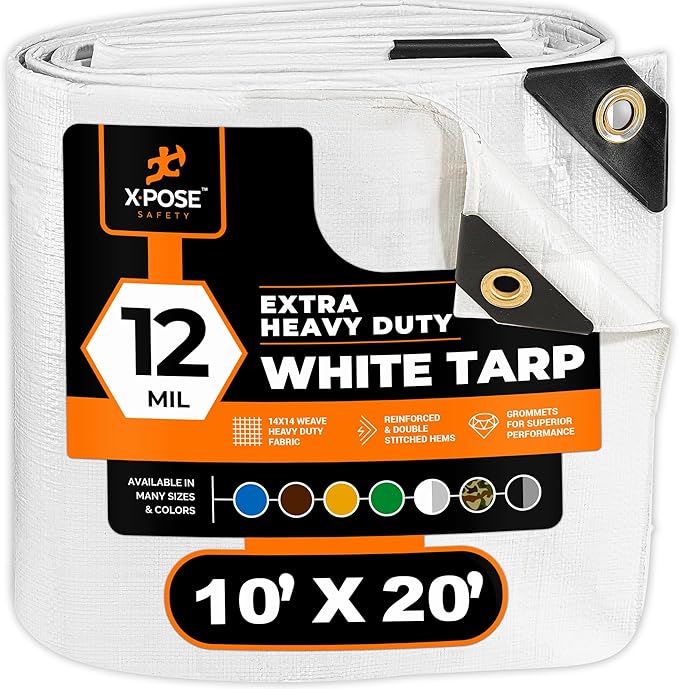 Heavy Duty White Poly Tarp 10' X 20' - Multipurpose Protective Cover - Durable, Waterproof, Weather Proof, Rip and Tear Resistant - Extra Thick 12 Mil Polyethylene - by Xpose Safety