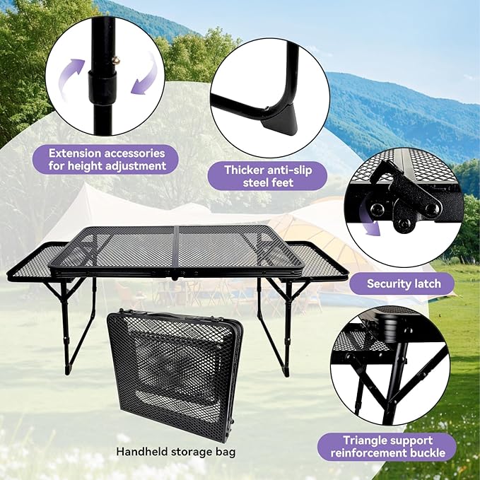 BRIAN & DANY Folding Grill Table Camping Table, Metal Portable Picnic Table, Lightweight Height Adjustable Foldable Table for Outdoor, Black, 40.16"x15.7"x11.8/14.9"