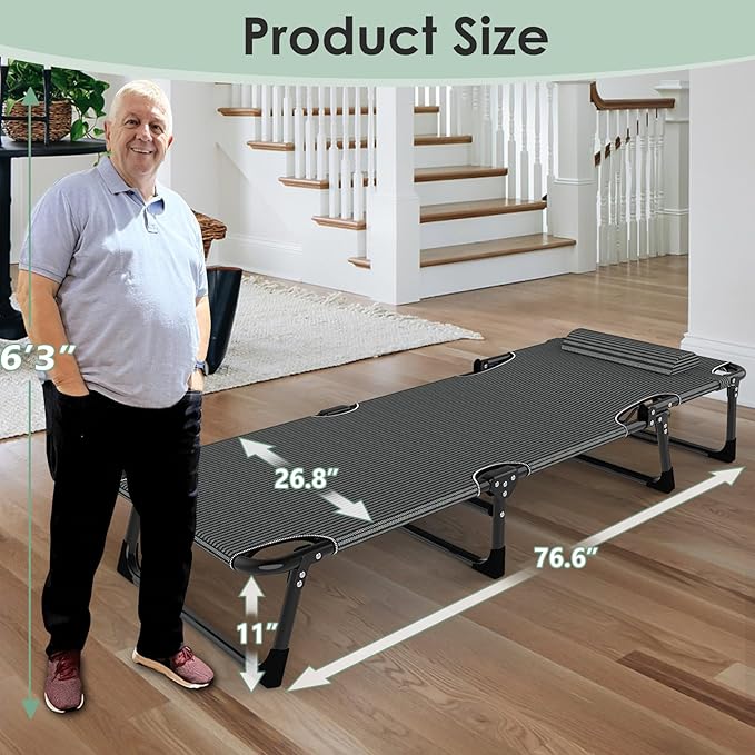 Slendor Folding Camping Cot for Adults, 5 Positions Adjustable Outdoor Bed, Lounge Chair, 1200D Layer Oxford Travel Cot With Mattress, Storage Bag, Black W/Gray Pad
