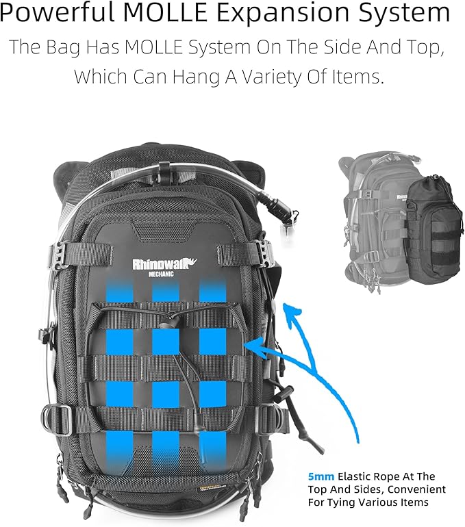 Rhinowalk motorcycle tank bag backpack, separate water bag, duffel bag with molle system, fits most adventure and sport motorcycle frames
