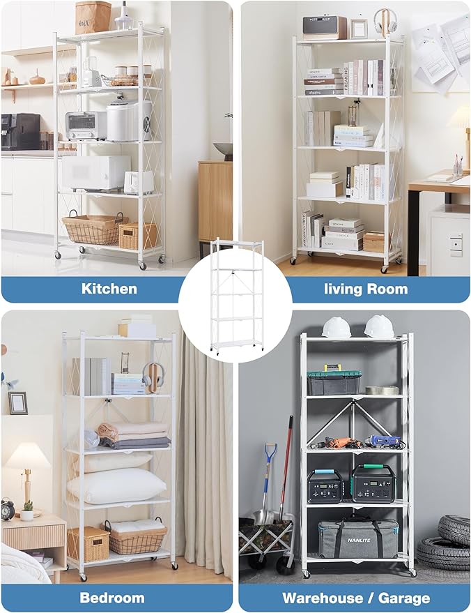 ALANNG 70.7" H Metal Storage Shelves, 5 Tier Folding Shelf on Wheels, Heavy Duty, No Assembly, Rolling, Collapsible Rack Unit for Kitchen, Basement, Pantry (White,4 Pack)