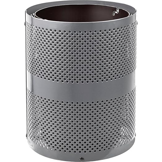 Global Industrial 32 Gallon Outdoor Perforated Steel Round Trash Can with Rain Bonnet Lid, Plastic Liner and Anchor Kit Included, 23-1/2" Diameter x 40-1/2"H, Gray