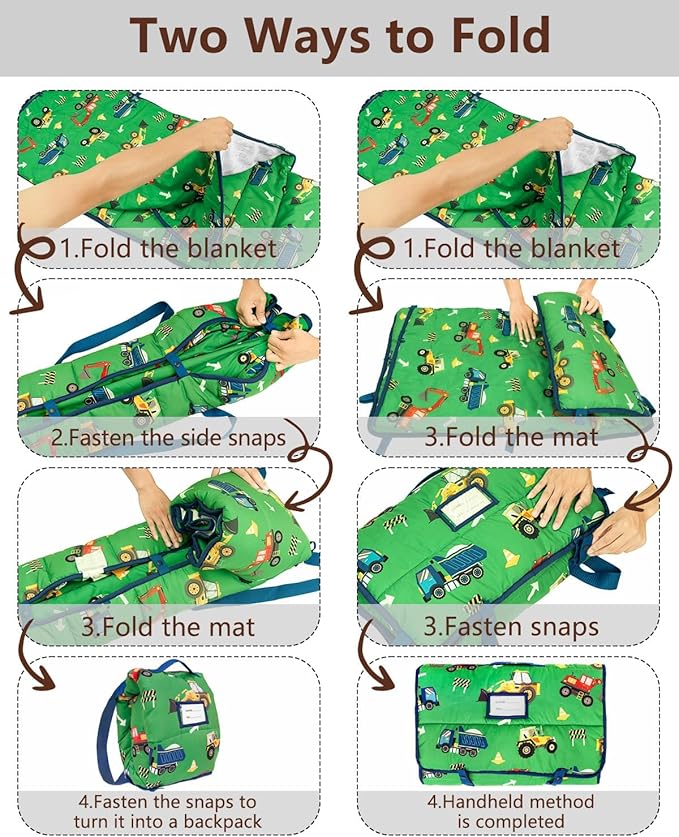 Primlect Toddler Nap Mat with Removable Pillow and Flannel Blanket, Portable Kids Sleeping Bag, Easy to Carry on The Go, Perfect for Daycare, Preschool, Boys and Girls, 12 Months - 6 Years