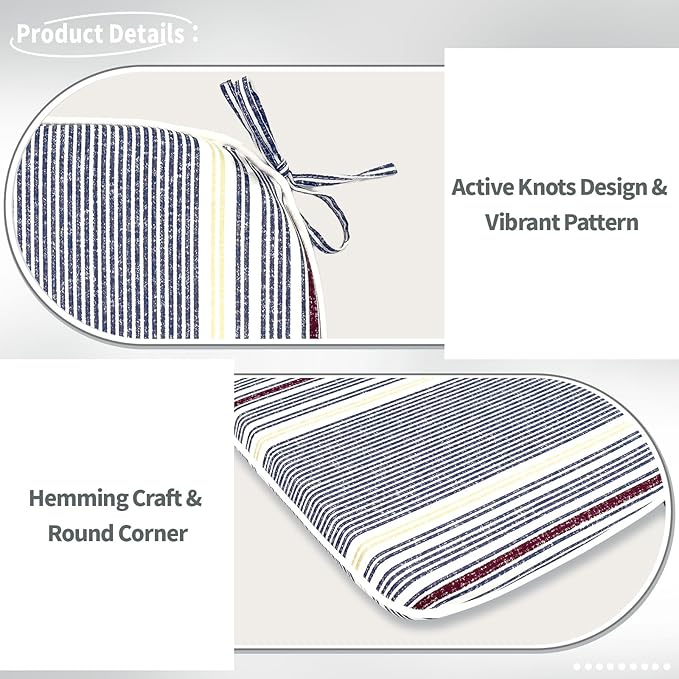 Indoor/Outdoor Chair Cushions 16x17 Inch, Patio Chair Cushions with Ties, All Weather Seat Cushions for Patio Furniture Home Garden Chair Use, Set of 4, Stripe Denim Blue