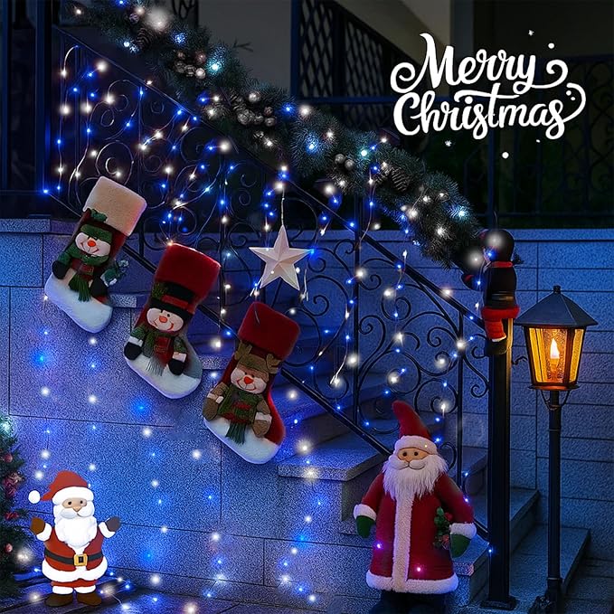 SANJICHA Blue and White Solar String Lights, Extra-Long 2 Pack 144FT 400LED Solar Christmas Lights Outdoor Waterproof, Sliver Wire 8 Modes Twinkle Light for Garden Tree Party Wedding Decorations